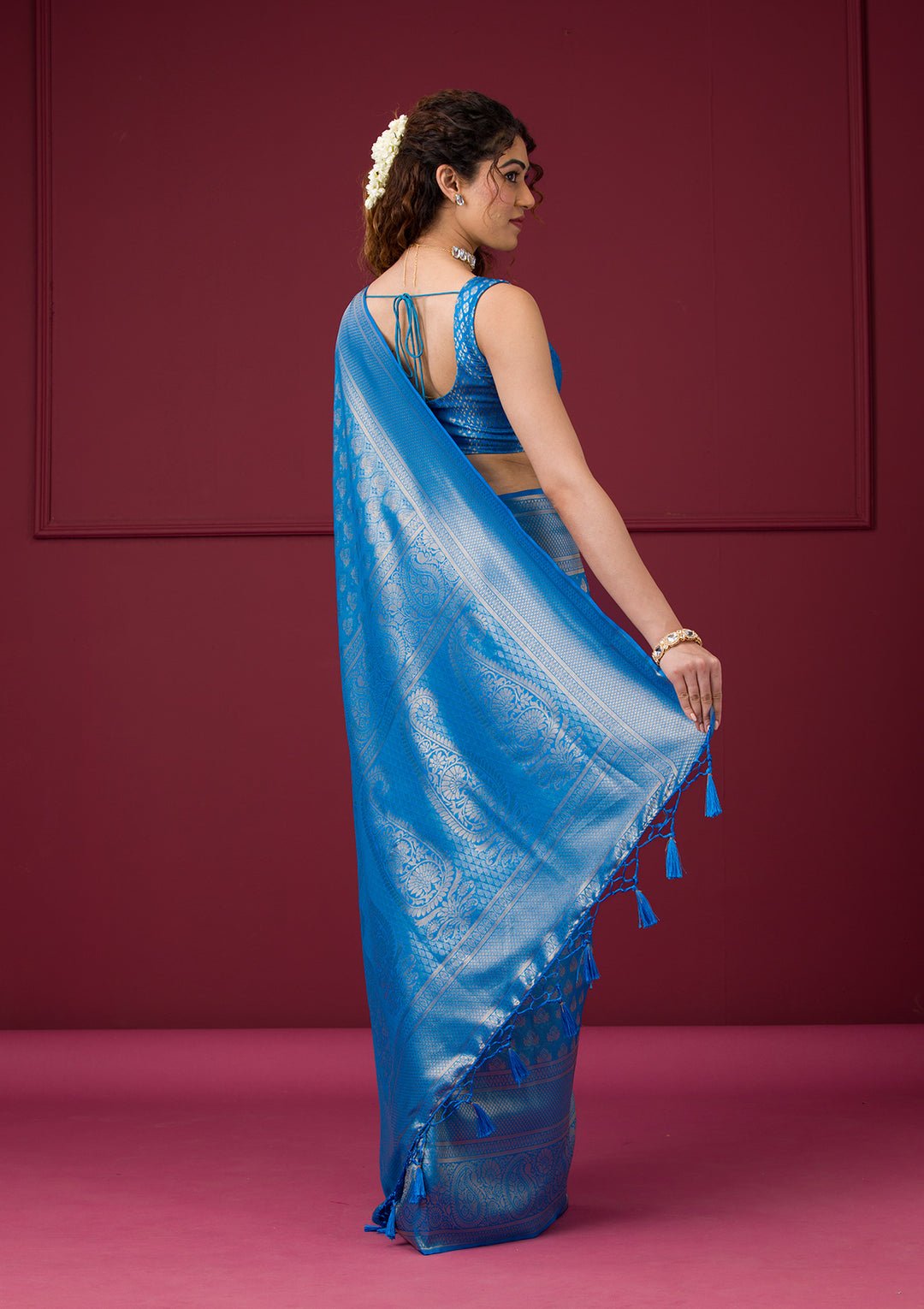 Turquoise Blue Zariwork Art Silk Saree - Image 7